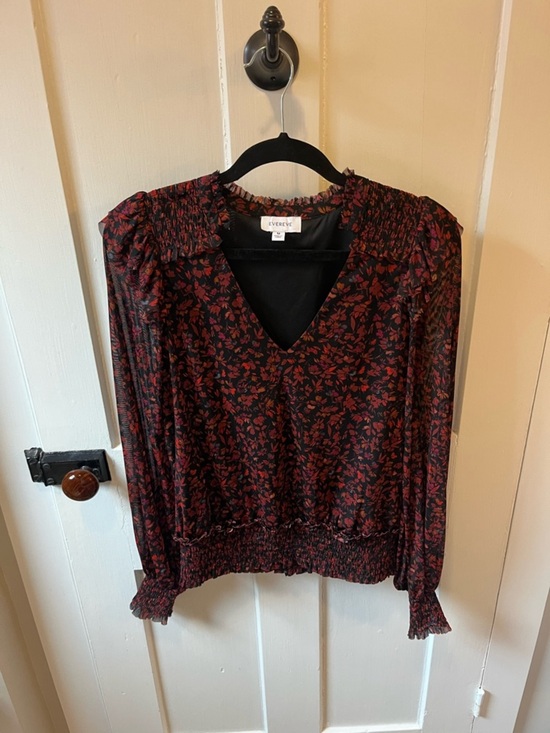 Evereve Tops - Evereve Koda Floral Smocked Collar V-Neck Long Sleeve Mesh Blouse M